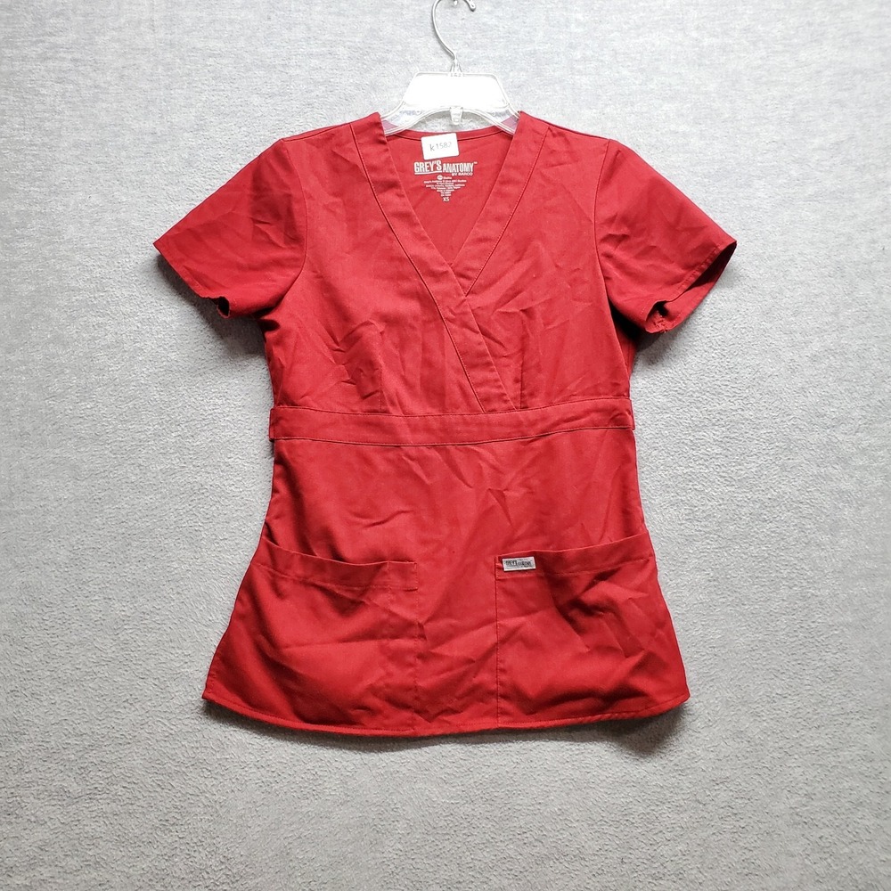 Grey's Anatomy Women Scrub Top XS Red Pockets Faux Wrap Short Sleeve V Neck